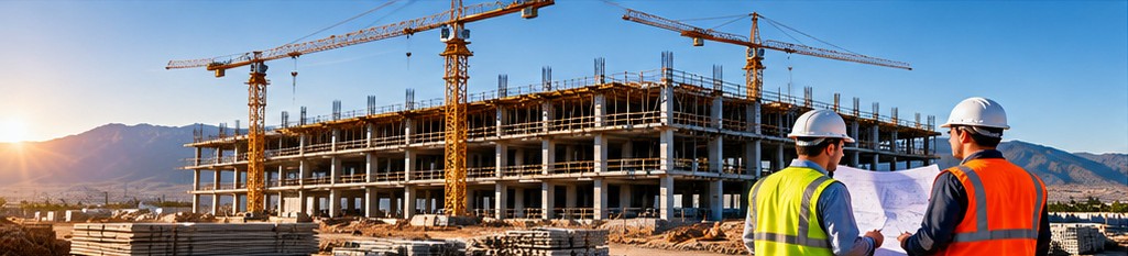 Construcción de un edificio con grúas y personal de obra